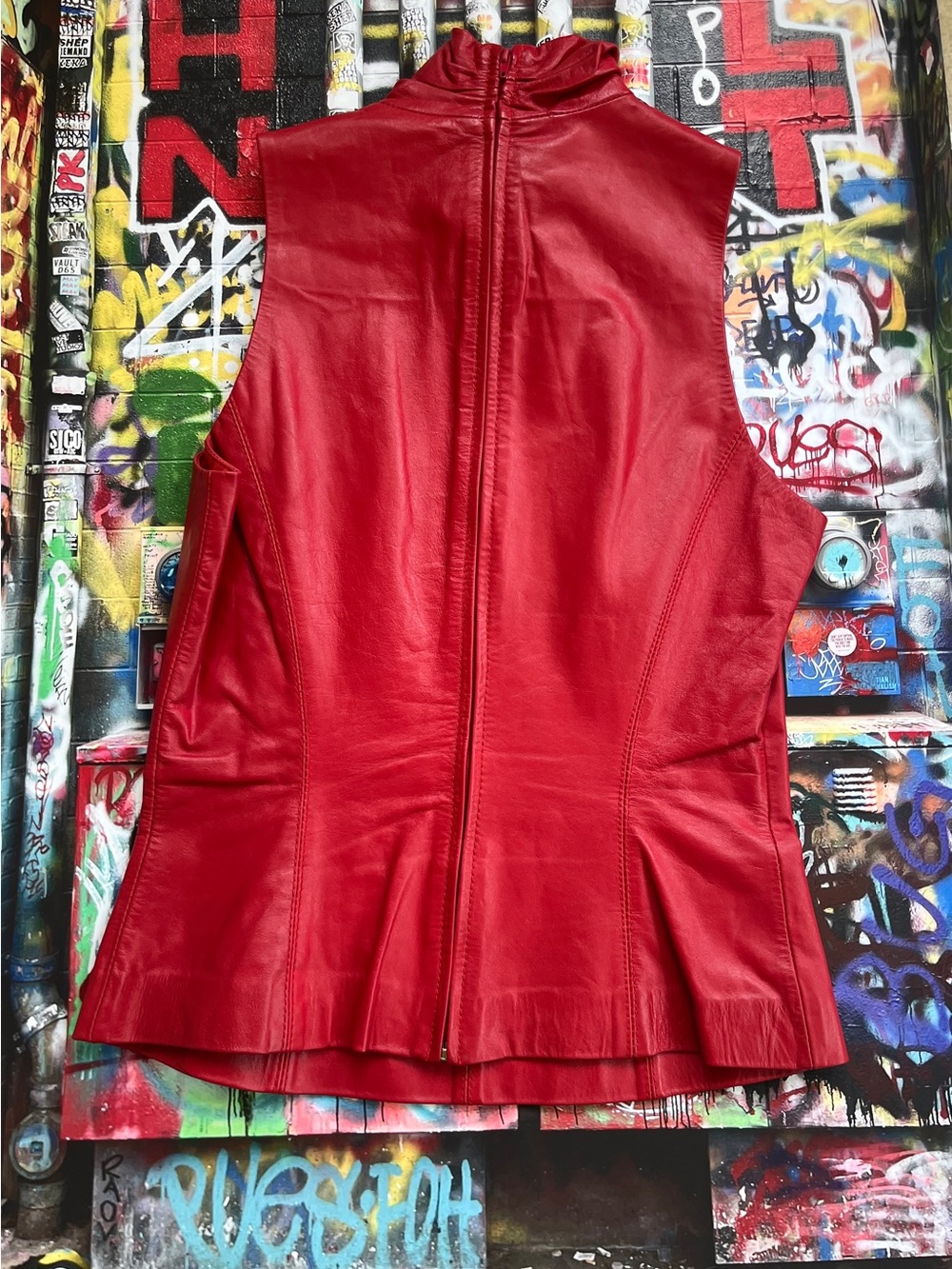 Y2K Genuine Red Leather Sleeveless Top. Back Zip. Fully lined. - Picture 2 of 16
